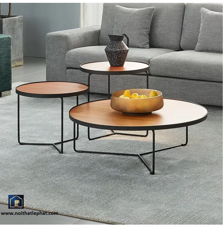 Bộ 3 Bàn Sofa Tròn Chân Thép Mỹ Thuật và Mặt Gỗ Màu Sồi.//BSF_71