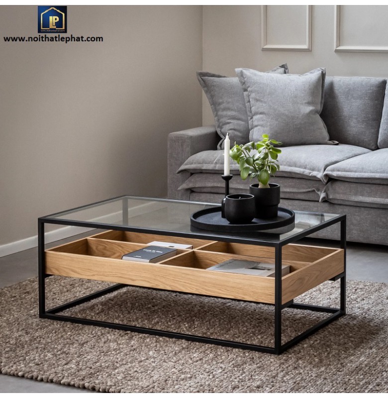 BSF_81. Bàn Sofa Mặt Kính Cường Lực, Mặt Gỗ Veneer Sồi Tự Nhiên.