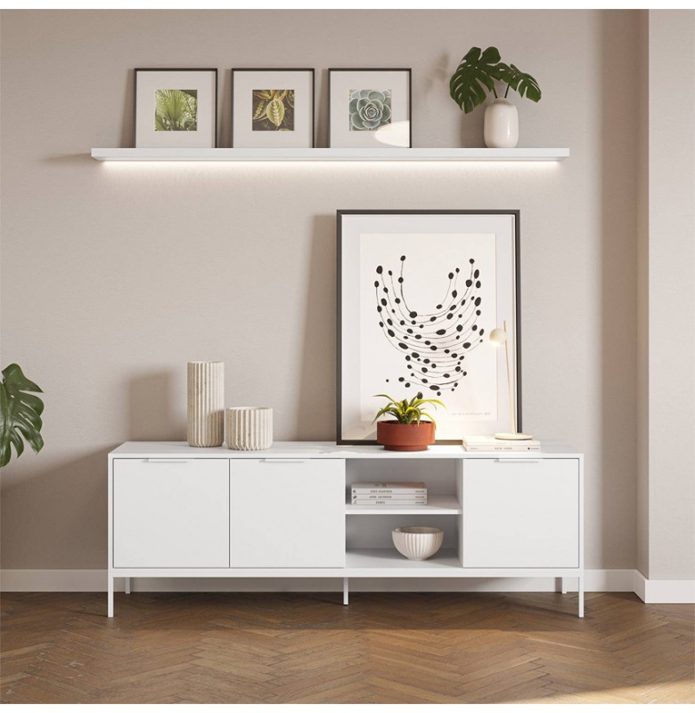 TV_48. Tủ Kệ Tivi Màu Trắng, Gồm 3 Cửa Mở Và 1 Tầng Kệ Dài 160cm.